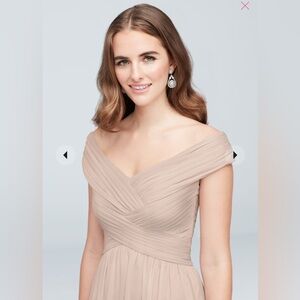 David’s Bridal Crisscross Off-the-Shoulder Mesh Dress in Biscotti